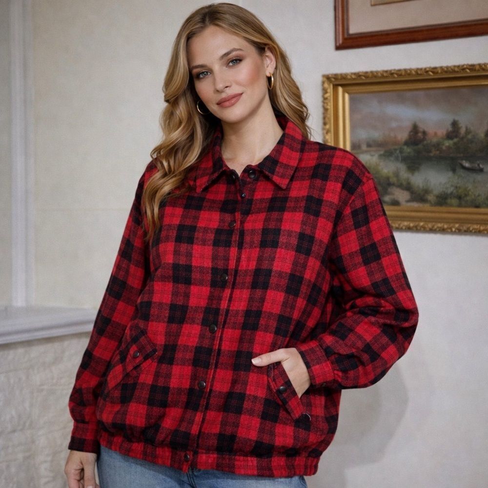 Vintage 1980s TanJay Red & Black Plaid Oversized Wool Blend Bomber Jacket